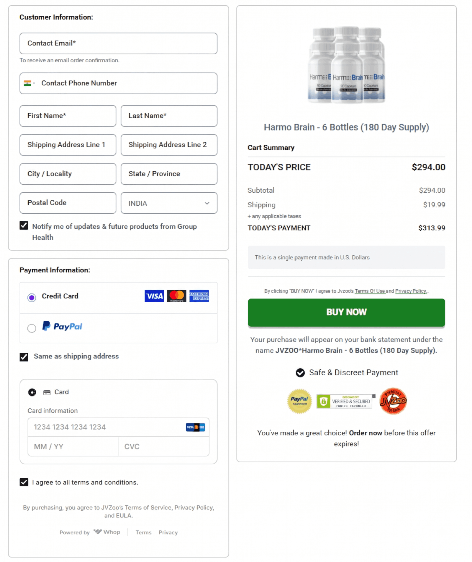 Harmo Brain checkout page